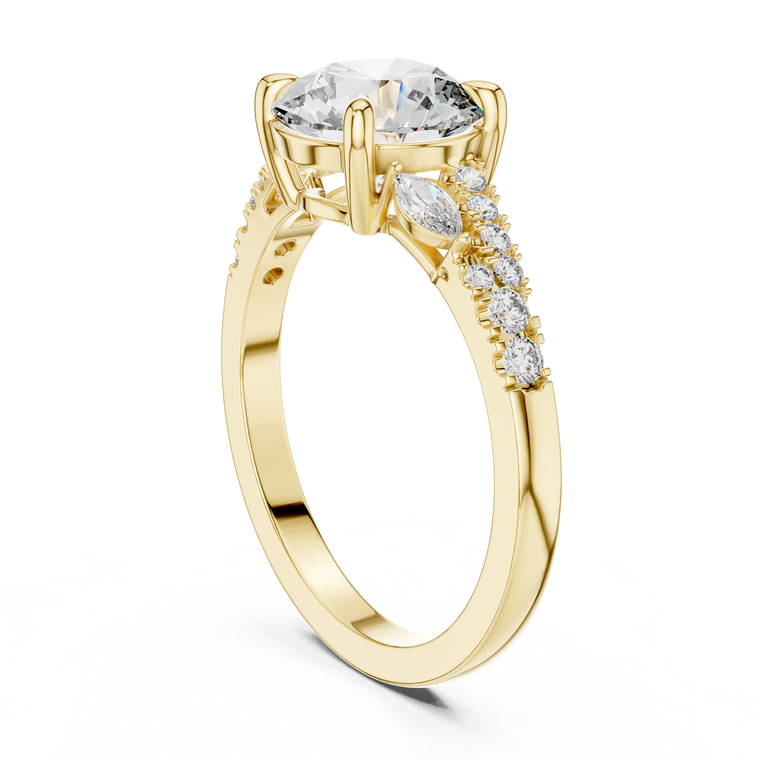 Gold ring with a large diamond and smaller diamonds on a white background
